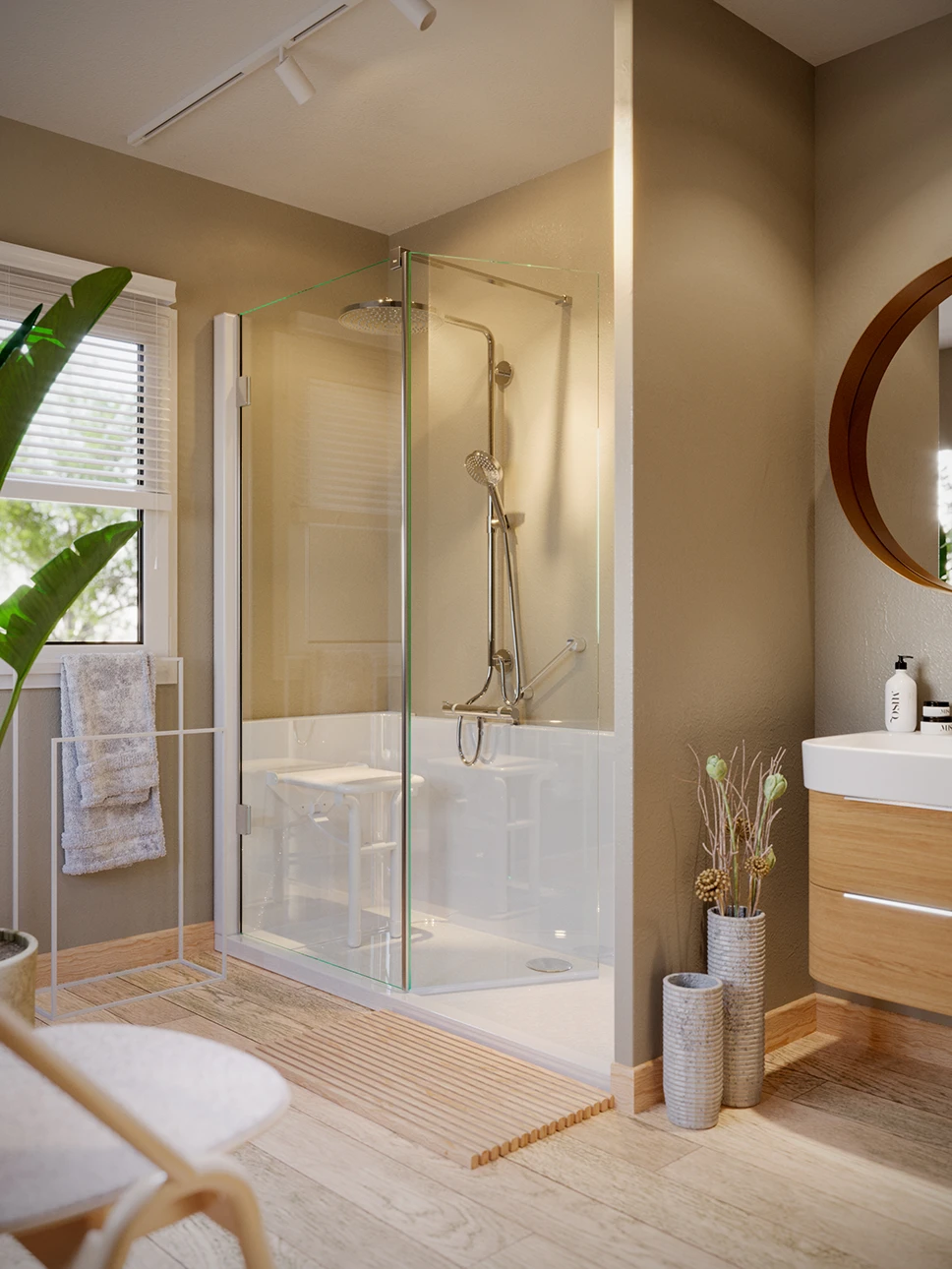 rendu 3d d'un bac à douche en situation dans appartement moderne