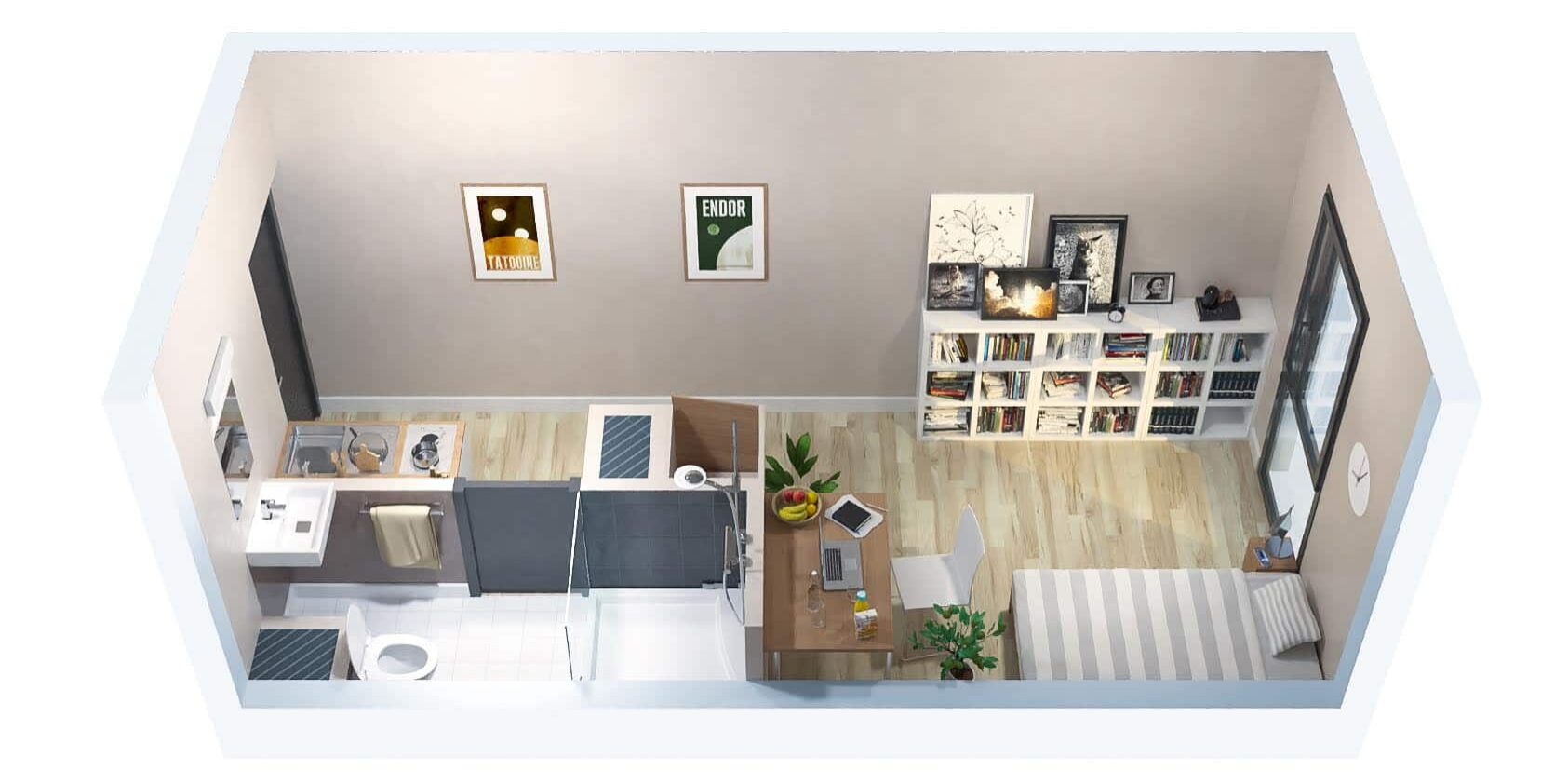 vue 3d de coupe d'un petit appartement