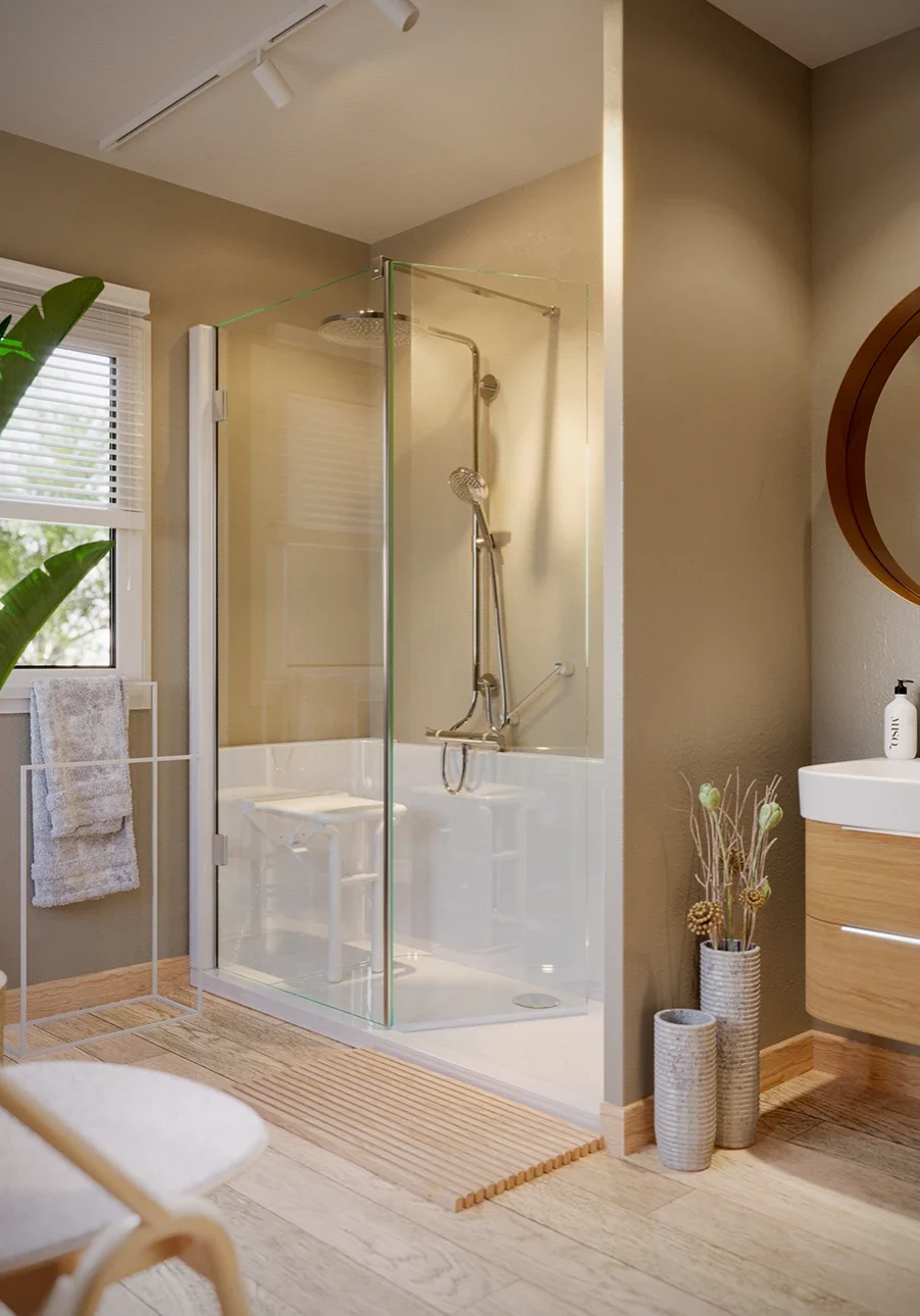 rendu 3d d'un bac à douche en situation dans appartement moderne